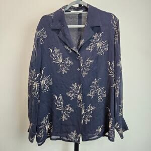 Vintage Peter Nygard Silk Button Up Shirt Long Sleeve Top Navy Floral Plus 14W